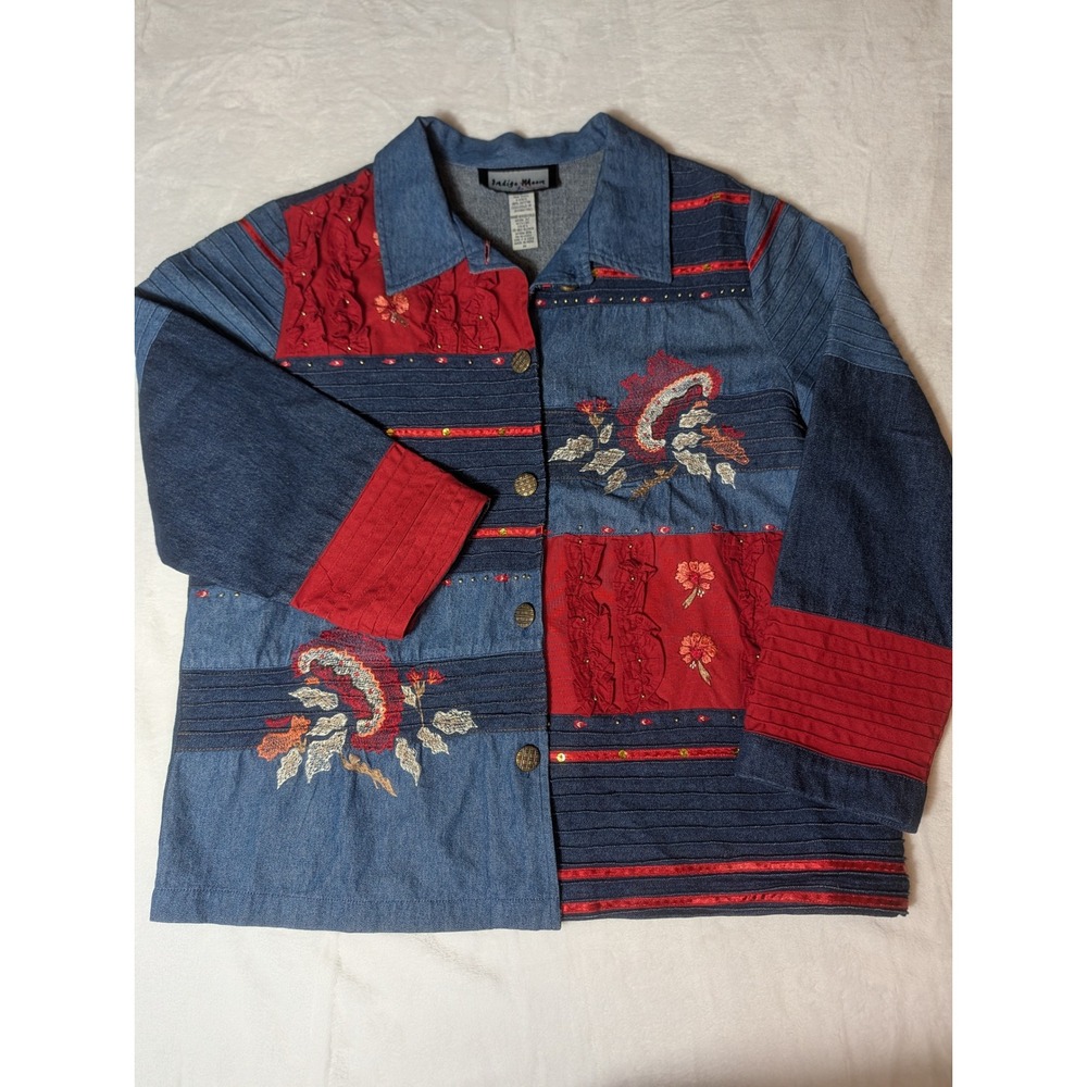 Indigo Moon Denim Patchwork Jacket Embroidered Y2K Boho Floral Beaded Blue Red M